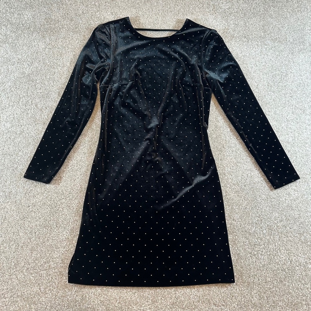 Express Black Velvet Gold Polka Dot Long Sleeve Deep‎ V-Back Mini Dress Size 4